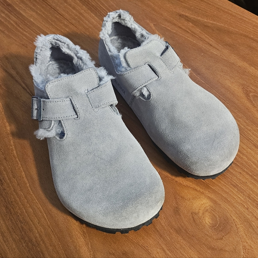Birkenstock Shearling London Shoes Whale Grey Suede Regular/Wide 40 9 9.5